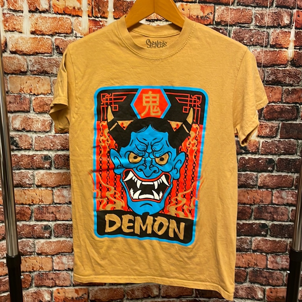 Spencer’s blue demon graphic tee shirt tan small mens monster t shirt